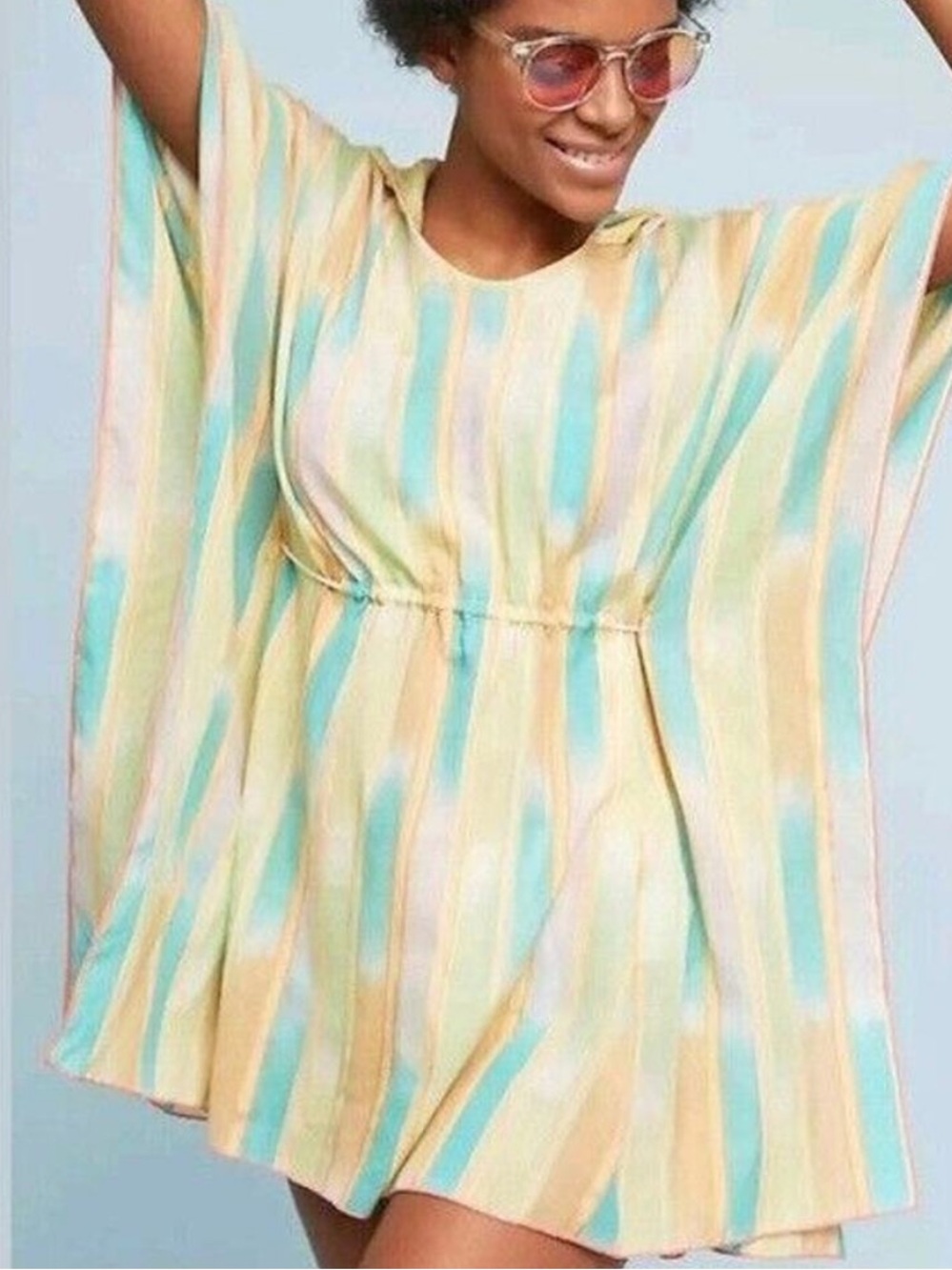 Anthropologie Lilka Striped Teal, Gold & Cream Swim Coverup
